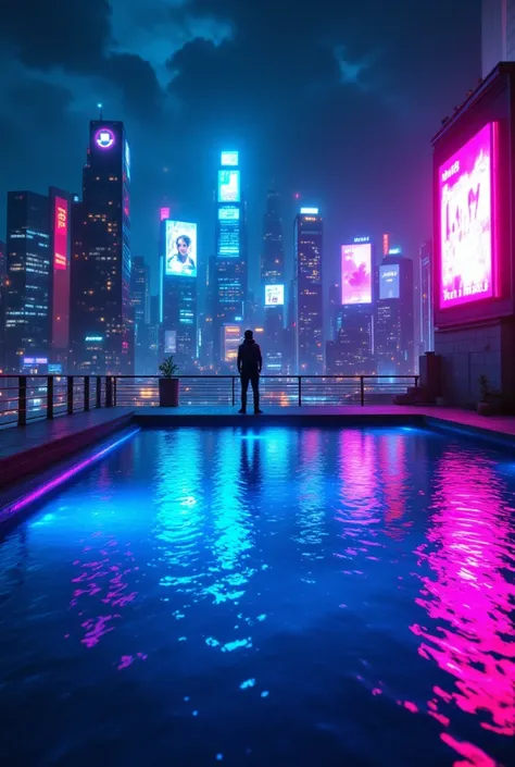 {{A ((moody and cyberpunk)) depiction of {a futuristic rooftop pool with neon reflections dancing on the water}}} with {((a lone figure standing at the pool’s edge, gazing at the city skyline))}. This is a {((cyberpunk and synthwave art))}-inspired image t...