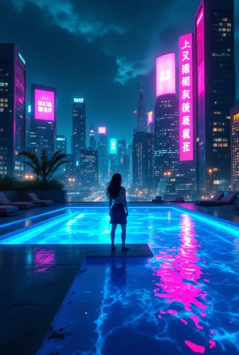 {{A ((moody and cyberpunk)) depiction of {a futuristic rooftop pool with neon reflections dancing on the water}}} with {((a lone figure standing at the pool’s edge, gazing at the city skyline))}. This is a {((cyberpunk and synthwave art))}-inspired image t...