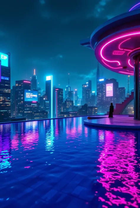 {{A ((moody and cyberpunk)) depiction of {a futuristic rooftop pool with neon reflections dancing on the water}}} with {((a lone figure standing at the pool’s edge, gazing at the city skyline))}. This is a {((cyberpunk and synthwave art))}-inspired image t...