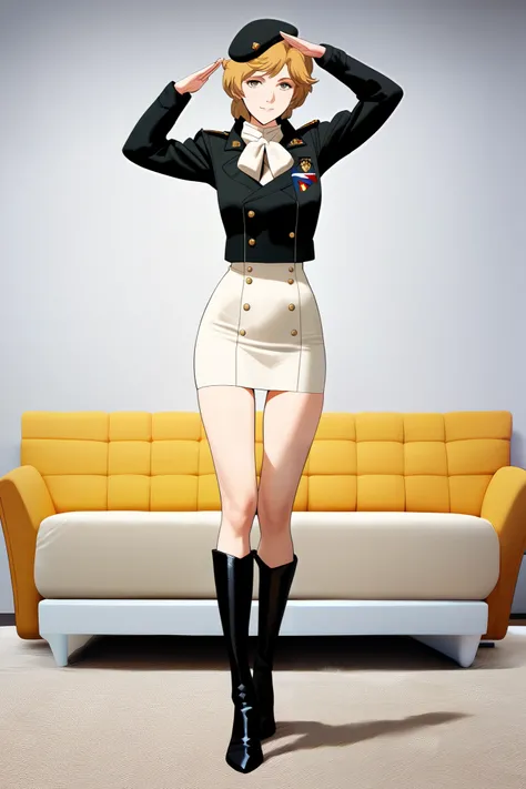 frederica,1 female,solo,smile,
midium breast,

Black jacket,military uniform,tight skirt,white panty,lace up boots,thigh-high boots,high heels,
standing,cowboy_shot,front view,salute,

highest quality,masterpiece,high definition,ultra-detailed,anime,
indoo...