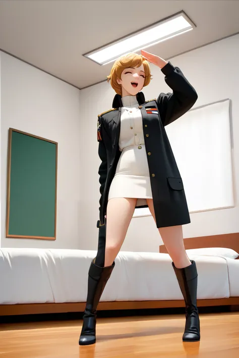 frederica,1 female,solo,
laugh happily,midium breast,
standing,cowboy_shot,front view,salute,

Turn around and the skirt twitches,low angle,

Black jacket,military uniform,mini skirt,white panty,
black lace up boots,thigh-high boots,high heels,

highest qu...