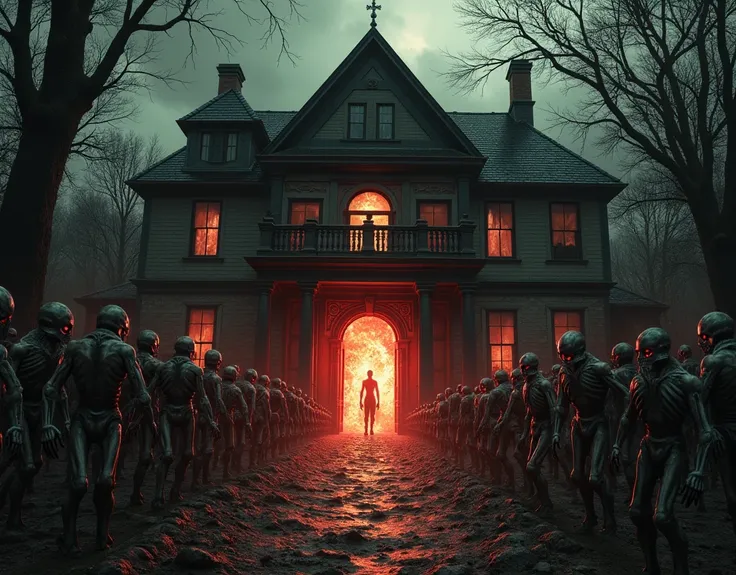 The ultimate horror: The front door of a haunted mansion that was sealed off on top of the gates of hell opens and the dead pour out of hell.masterpiece, and ultra-high resolution reveal the absurdity of this scene,
