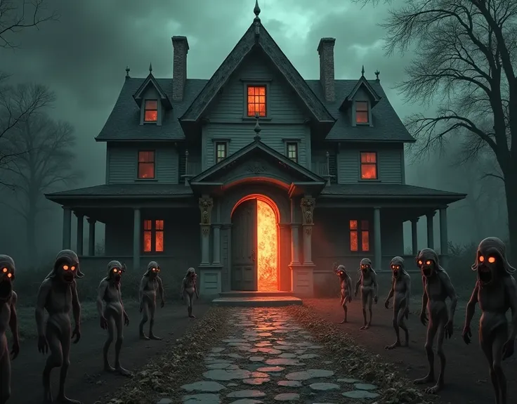 The ultimate horror: The front door of a haunted mansion that was sealed off on top of the gates of hell opens and the dead pour out of hell.masterpiece, and ultra-high resolution reveal the absurdity of this scene,
