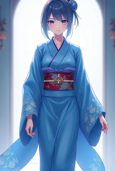 Standing picture facing the front
Anime-style standing picture of a woman whose whole body can be seen 
Luxurious blue 12 single kimono
Short updo hairstyles
blue and silver gradient hair
