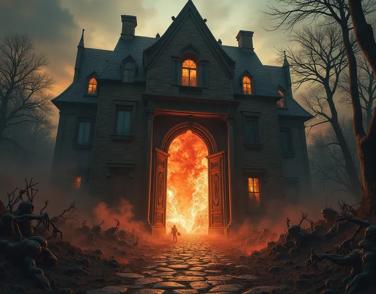 The ultimate horror, the end of the world, the front door of a haunted mansion built on top of the gates of hell opens and the dead pour out of hell.masterpiece, and ultra-high resolution reveal the absurdity of this scene,