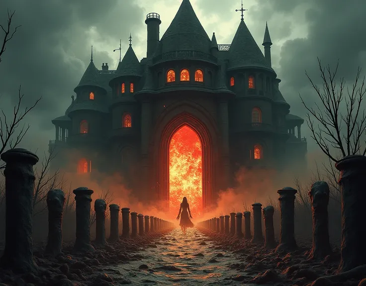 The ultimate horror, the end of the world, the front door of a haunted mansion built on top of the gates of hell opens and the dead pour out of hell.masterpiece, and ultra-high resolution reveal the absurdity of this scene,