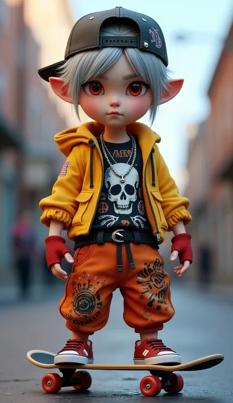 3D animation, Gothic style, full body， boy, silver hair, red eyes, wearing a baseball cap with American street graffiti on his back, a black long-sleeved T-shirt with American street graffiti, a silver skull long necklace, a yellow hooded long-sleeved jack...