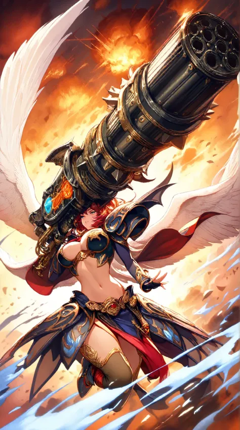 (( top quality)),(  ultra high resolution),(  very detailed),(  Detailed Explanation ),((  best CG  )),(  BEST ARTWORK  ), Ultra-precise art, 素晴らShii絵画芸術,(exquisite fantasy art:1.5),  Female Angels,  trigger happy , Shoot a giant Gatling gun, A cross engra...