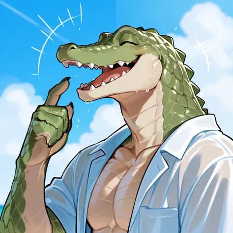 Crocodile furry, crocodile, scales, laughing, summer clothes, man, masculine, crocodile features, buff, solo, summer