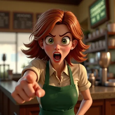 "A highly detailed, semi-realistic 3D-rendered animated female barista with large expressive green eyes and wavy shoulder-length auburn hair, wearing a green Starbucks apron over a light-colored shirt. She has a fierce, intense expression, with wide-open e...