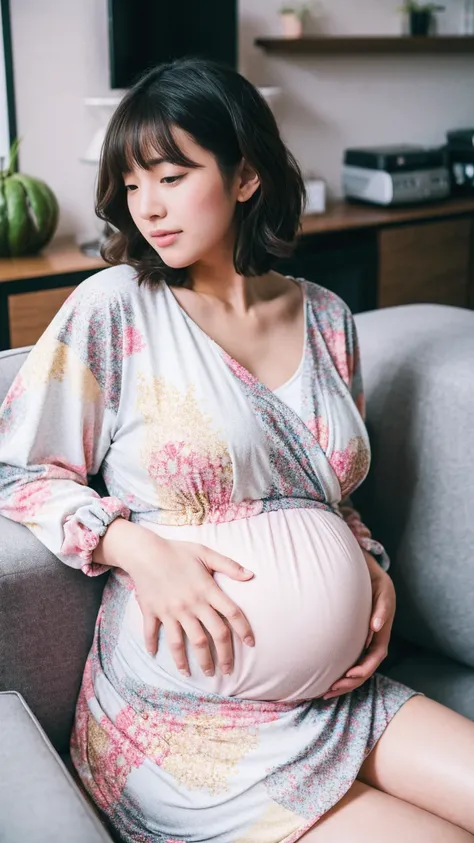 masterpiece, Best Quality, 8K,looking at the viewer,Japanese Lady,20 years old, huge pregnant, Voluptuous, crop top jacket , wrap dress, short length hair, living room background, sleeping 