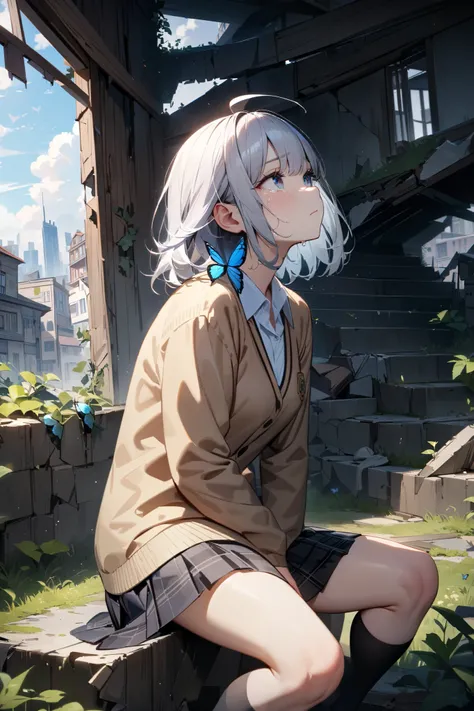 (master piece,best quality,:1.2),ultra detailed, highres,	4K,8k,
extremely detailed CG,
( beautiful woman:1.2),Alone,Sky Blue's Ruby Eyes,
 Silver Hair, natural cut ,medium hair,ahoge,
school  uniform, Cardigan,skirt in plaid skirt, 
 black school knee soc...