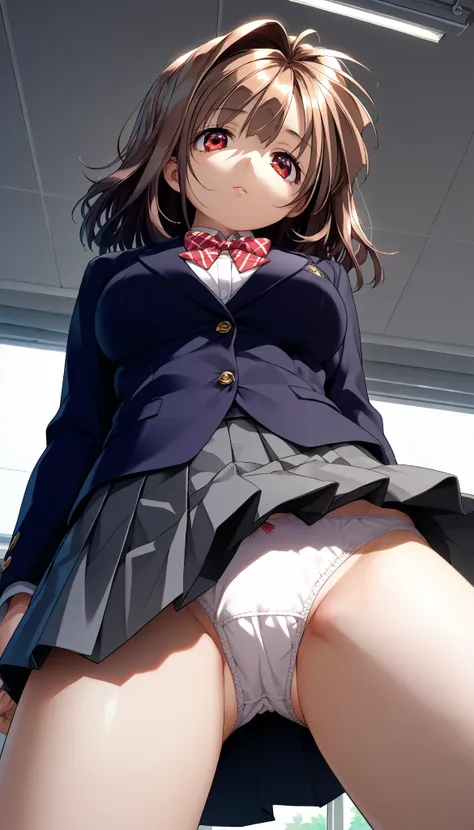 score_9, score_8_up, score_7_up, score_6_up, score_5_up, score_4_up, source_anime,newest,game cg,dutch angle,1girl,solo,RieKawai,1girl,brown hair,medium hair,red eyes, large breasts,
school_uniform,blazer,bowtie, pleated skirt,gray skirt,white panties,stan...