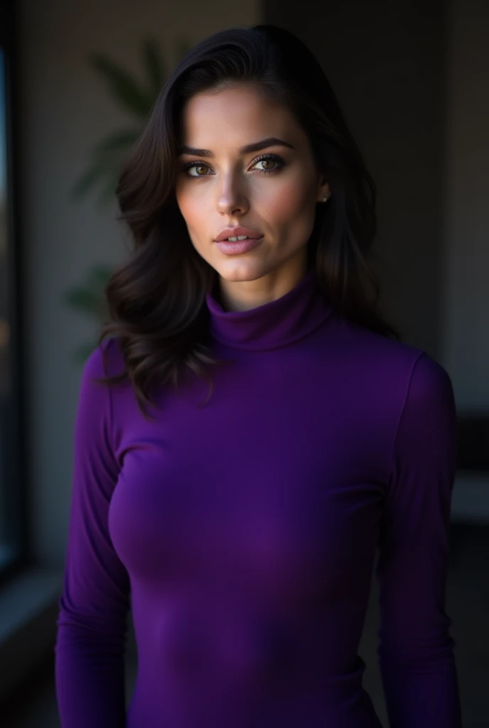 Make her wear a long sleeve, tight purple, top