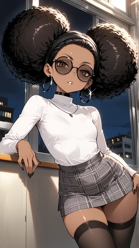 1Girl, Mature, Ebony, African American, Dark Skin, Jet Black Hair, Afro, Double Bun, Shiny Hair, Bright Brown Eyes, Black Nails, Dark Brown Eye Shadow, Medium Chest, White Turtleneck Shirt, Black Circular Glasses , Grey Plaid Skirt, Black High-Thigh Socks,...