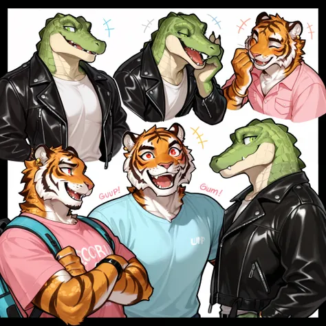 1, Crocodile furry, green eyes, crocodile, scales, laughing, summer clothes, man, masculine, crocodile features, buff, summer. + 2, tiger, tiger furry, leather jacket, pink clothes, woman, feminine, red eyes, backpack, bracelets, earring, woman, talking 