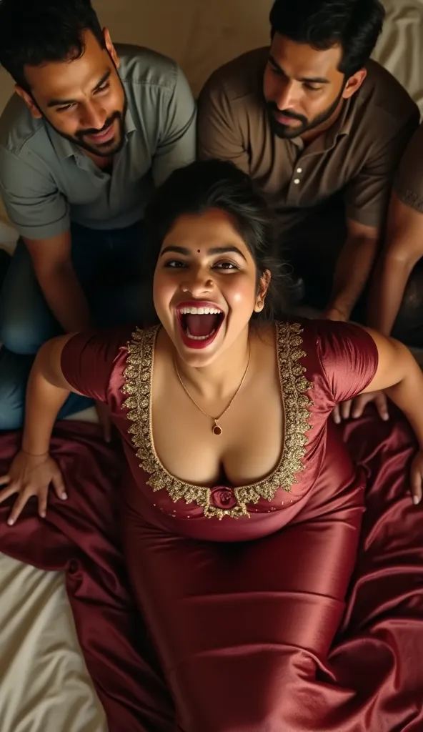 Full body image, top view Full body image, indian hourglass body, Indian medium plus sized 25 year old Telugu bride syamala, lovely face, mouth wide open, partially closed eyes, face lifted towards camera, wearing highly embroideried meroon colour reflecti...