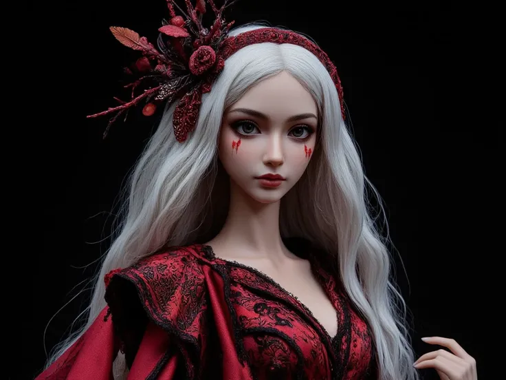 A unique, dynamic doll with long white hair and black roots, wearing red mushroom-inspired makeup on her face, and an elegant headband made of mushrooms. She has big eyes and wears an elaborate dress in shades of crimson and scarlet. The background is soli...