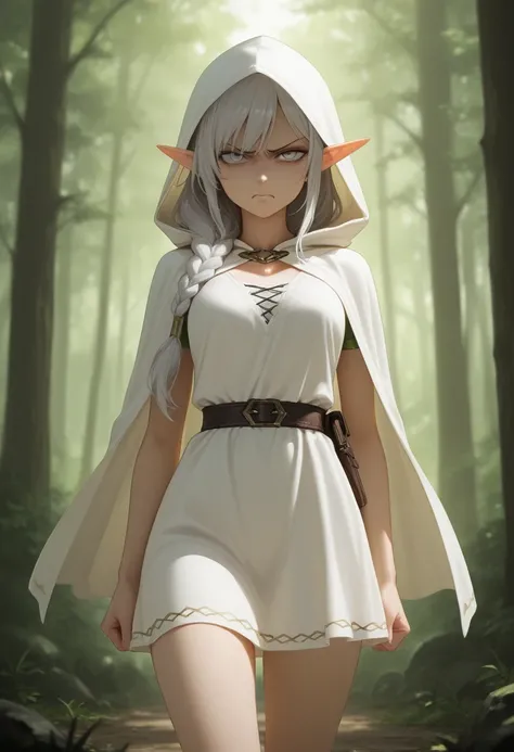 masterpiece, best quality, amazing quality, (furious, mad, annoyed, glaring), up the sideperbody shot, 1girl, Elf, Braided hair on one side, silver hair, silver eyes, white dress with hood, looking at viewer, forest background, depth of field, Diffuse Ligh...