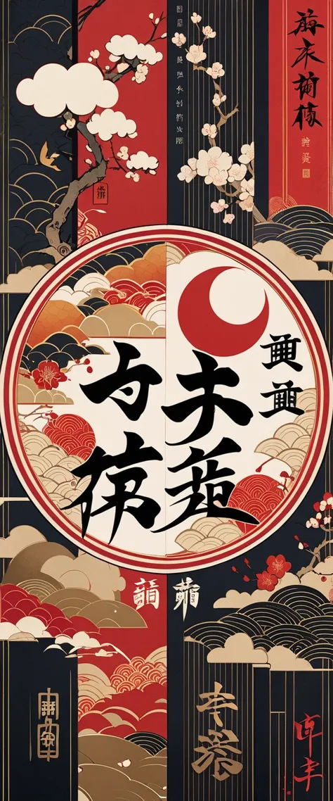 ( Masterpiece, top quality, very detailed,8k wallpaper),抽象的な色のついた Chinese characters,red letters on black, geometric pattern ,color, lively, sharp, straight,  vertical text with small letters ,Old document cover,日本語の Chinese charactersの同義語,日本語の Chinese cha...