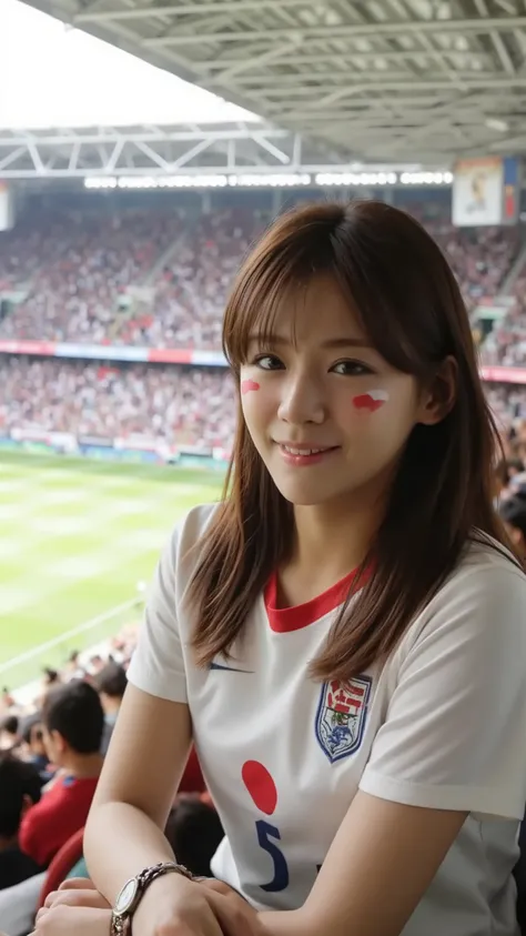 Japanese female supporters watching a soccer game、The woman watching soccer in the spectator seat of a stadium where many people are watching the game has long brown hair、The upper body is wearing a soccer uniform、 The lower body in the composition seen fr...