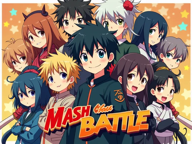 je  vais creer une affiche d'anime qui dit
serie televisée gratuite mash battle en lettre Japonais avec plusieurs personnage charismatic en Arrière-plan.
[DVD ]