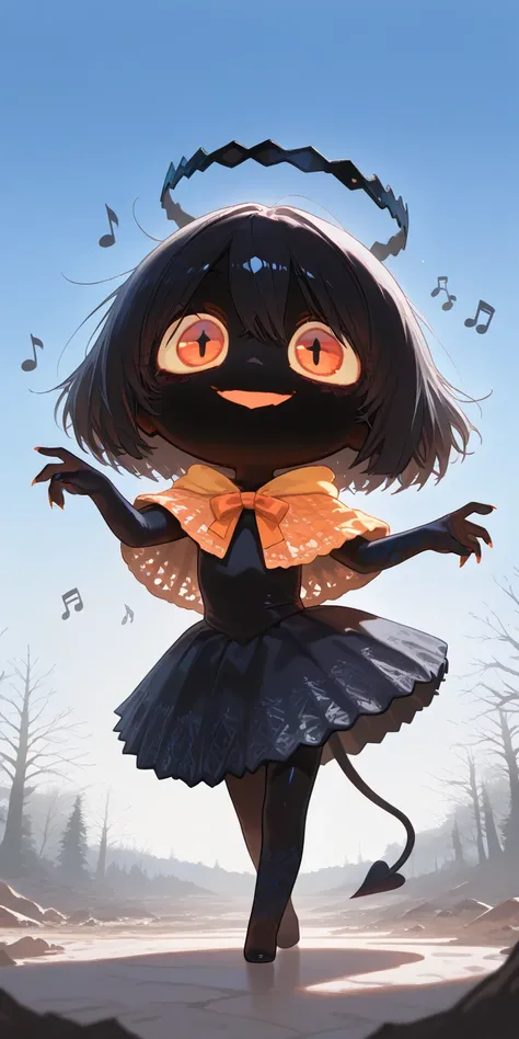 beautiful color, Multi-color,vivid color, cute horror fantasy, disney-style horror effects,picture-book style. solo,1girl\((devil:1.4),(geometrical delicate patterned black shiny halo),cute,dancing,evil smile,(pure black skin:1.3),(bags under eyes),long ey...