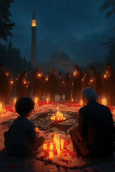 A hyper-realistic depiction of a candlelight vigil by the Shia community, gathered in a circle to pray for peace. Foreground: A young boy and an elderly man sit side by side on a woven mat, holding candles. The boy looks upward, his face lit by the flicker...