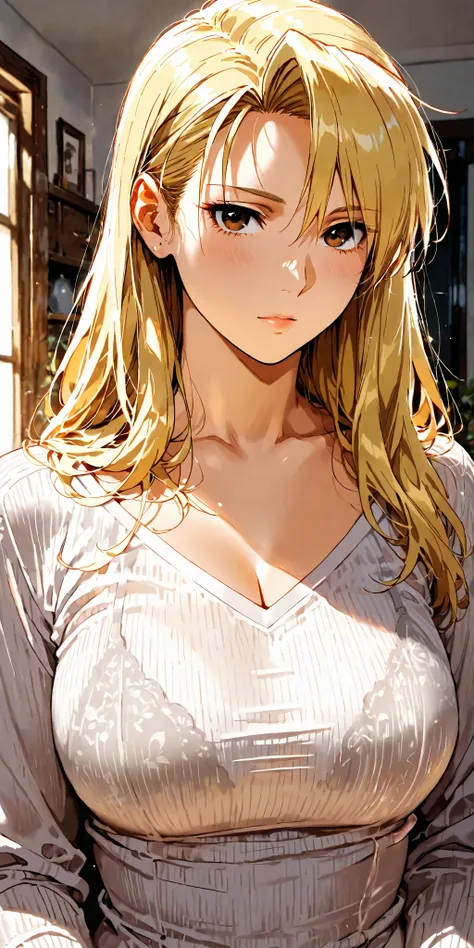 Masterpiece, mature woman, riza hawkeye, slim, upper body, long sleeve shirt, ultra detailed, highres, absurdres, home, portrait, semi realistic