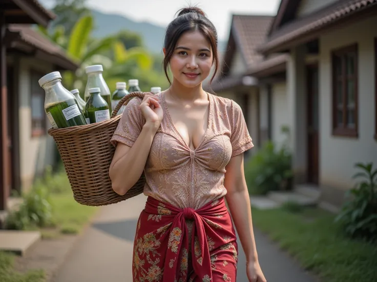 a beautiful malay woman, tied hair, huge breasted, big mega breasts, smooth and soft white skin, wearing an airy-breasted floral dress, wearing a traditional Indonesian kebaya, visible cleavage and red kebaya, sarong as a skirt, on his back carrying a larg...