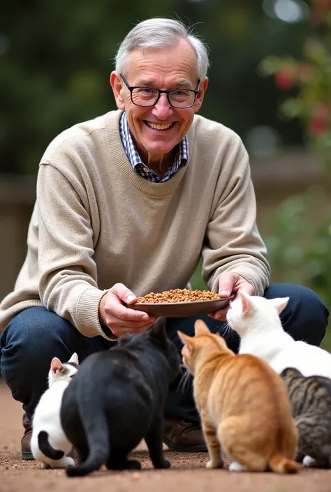 An elderly Caucasian man, middle-aged, in his 70s, with short, graying hair, glasses, and a warm smile, is seated outdoors. He is wearing a light beige/brown, casual sweater.  He is centrally positioned in the image.  The man is holding a shallow bowl of f...