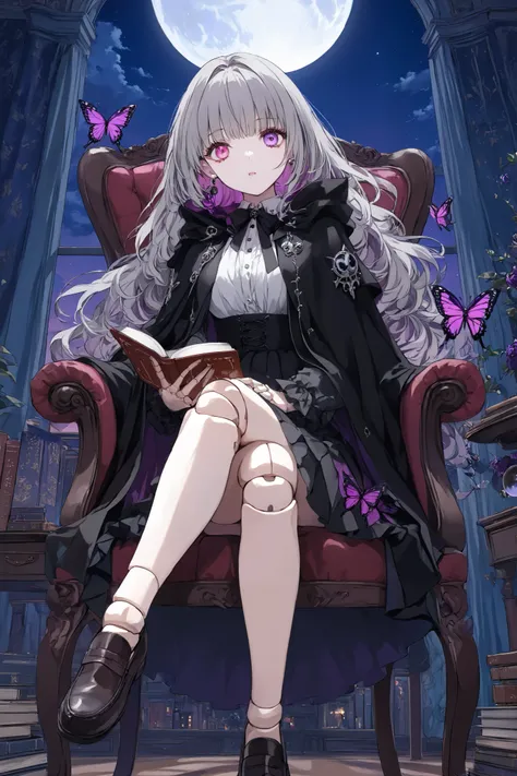 ultra-detailed, huge filesize, artbook, night, moon, adorable girl, grey hair , purple eyes, crazy eyes, medium breasts, shirt, loafers, holding book, dark persona, eyeball,  heterochromia , long hair, pleated skirt, cape, Robe, lolita fashion, indoor, cro...