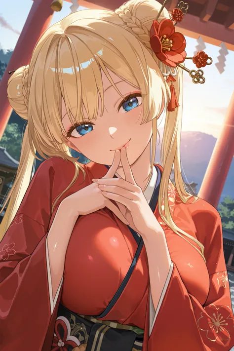  Masterpiece,  highest quality,  Great Quality,  very aesthetic,  high resolution,  super detailed,   is ridiculous,  latest, scenery, new year shrine visit,   CINEMATIC LIGHT ,  1 girl,  cute, Alone,  blonde,  long hair,  braided bun,  red flower hair sti...