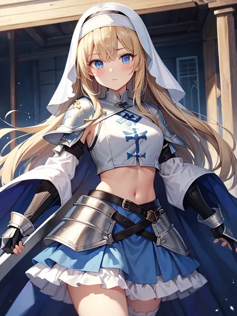 nun,armored dress,crop top,blue monk's robe,white bloomers(layered blue skirt),cross,gauntlet,waist armor,belt,blush,blond hair,blue eyes