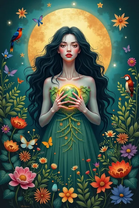  An image of Mother Earth with black hair,  smooth and white skin and surrounded by many plants,  flowers and animals . In bright colors and in a magical setting with branches on the body 