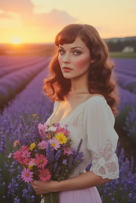 Very beautiful European woman with perfect face, makeup, with a bouquet of field flowers, in the field of lavender against the glorious morning dawn of sunrise .