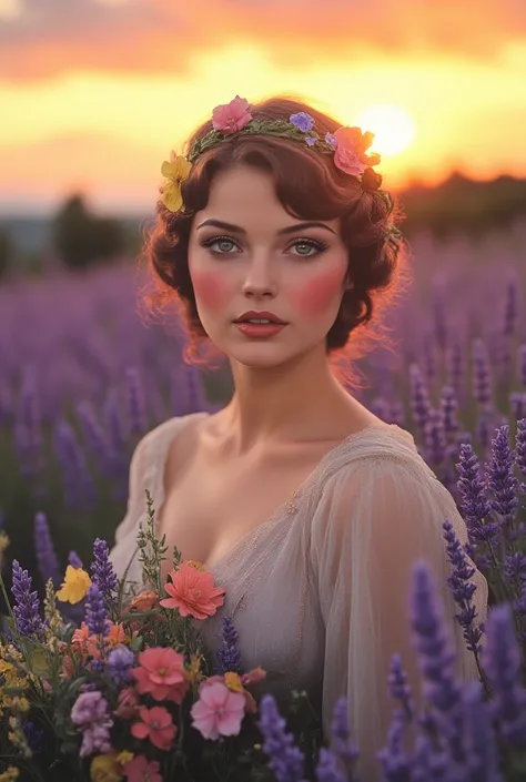 Very beautiful European woman with perfect face, makeup, with a bouquet of field flowers, in the field of lavender against the glorious morning dawn of sunrise .