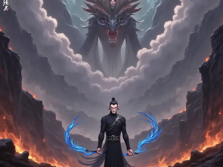 ( masterpiece,  top quality:1.2), Game anime characters,  alone，beard,  Black Robe ,slim。Holding a blue whip in his hand。Kung Fu Action ，flame，cliff，Ominous clouds，dragon，Grand scene，Large game scene
