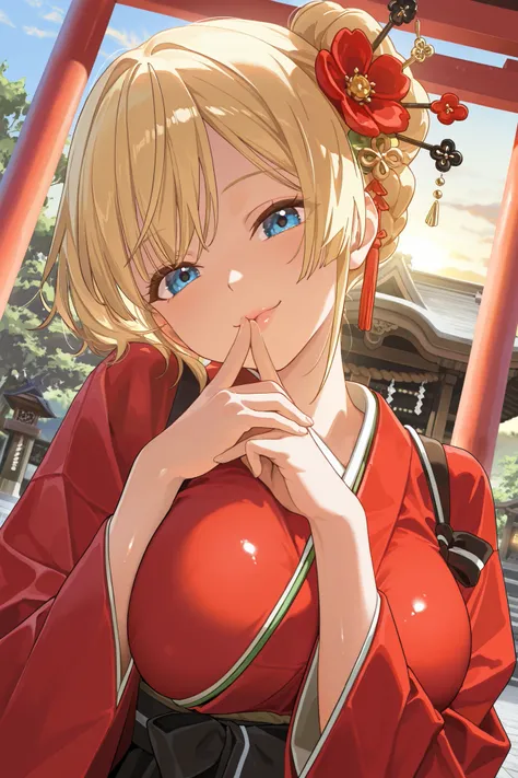  Masterpiece,  highest quality,  Great Quality,  very aesthetic,  high resolution,  super detailed,   is ridiculous,  latest, scenery, new year shrine visit,   CINEMATIC LIGHT ,  1 girl,  cute, Alone,  blonde,  short hair,  braided bun,  red flower hair st...