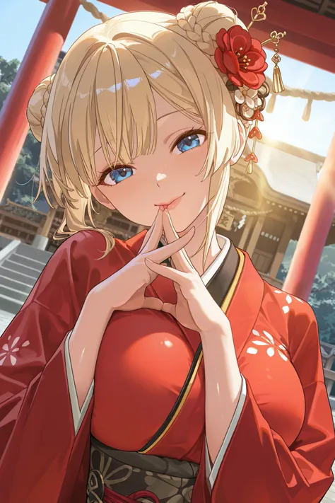  Masterpiece,  highest quality,  Great Quality,  very aesthetic,  high resolution,  super detailed,   is ridiculous,  latest, scenery, new year shrine visit,   CINEMATIC LIGHT ,  1 girl,  cute, Alone,  blonde,  short hair,  braided bun,  red flower hair st...