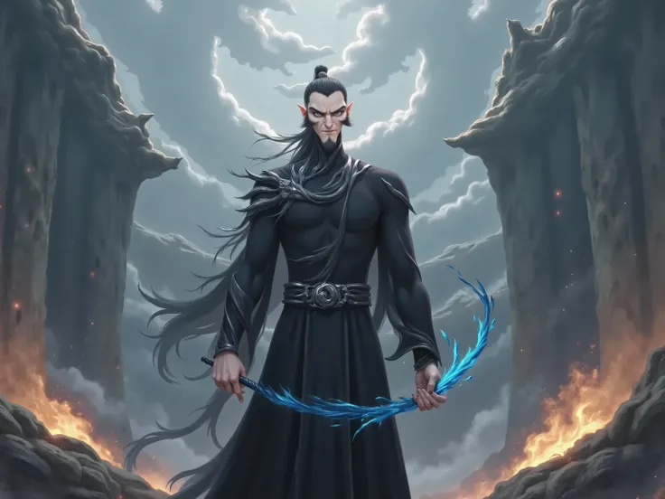 ( masterpiece,  top quality:1.2), Game anime characters,  alone，beard,  Black Robe ,slim。Holding a blue whip in his hand。Kung Fu Action ，flame，cliff，Ominous clouds，dragon，Grand scene，Large game scene
