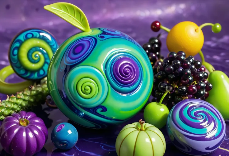 a close up of a blue and green toy with Spiral design, purple tornado , Alien Fruits ,  fiddle with props ,  Arcane style bomb , yes - ソトース! yes,  glazed on the top , Perceiving Fruit ,  made of liquid purple metal , Kenny Scharf,  decorative rover , Spira...