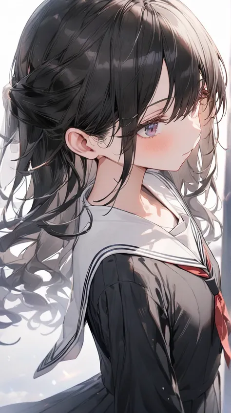 ((True best masterpiece, Ultimately perfect quality, Extremely delicate details)), A slender girl with flat chest, Black hair, Wearing a school uniform