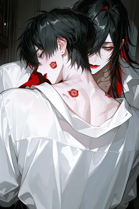 1male,adult,black hair,mole under eye,sexx,gloomy mood,white business shirt,front-opening shirt,handsome,fair-skinned,ephemeral,listless,lazy,wearing red lipstick,hickey on the cheek,lipstick on cheeks,kiss mark on the cheek,white back view,movie set