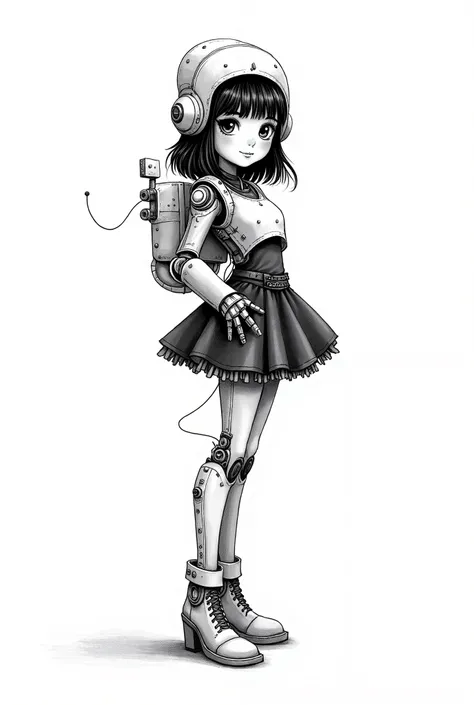 A black ink design of a cute slender girl with feminine figure, with a robot costume on a white background.