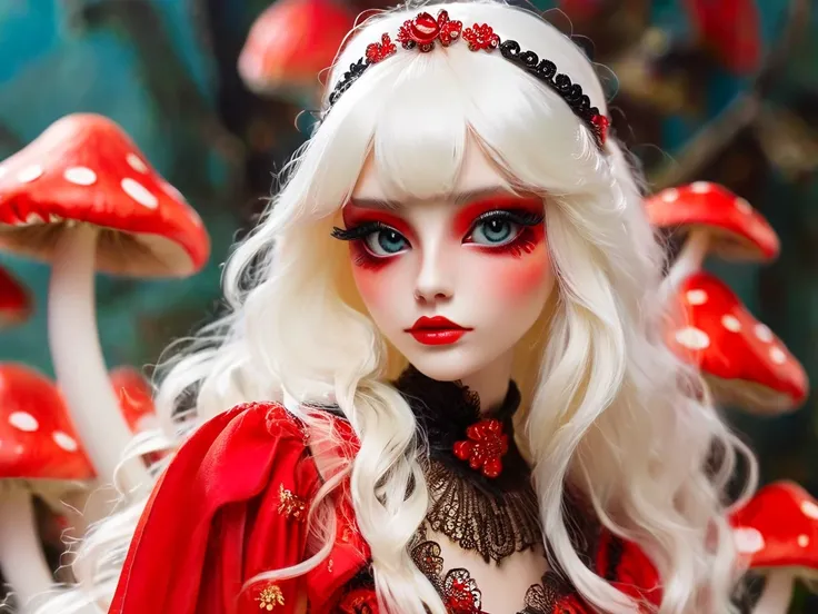 A unique, dynamic doll with long white hair and black roots, wearing red mushroom-inspired makeup on her face, and an elegant headband made of mushrooms. She has big eyes and wears an elaborate dress in shades of crimson and scarlet. The background is soli...