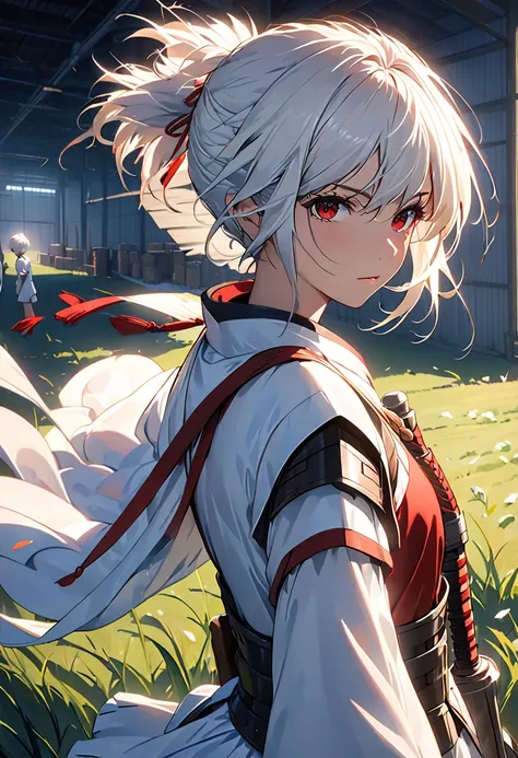  Masterpiece ,  girl, In the Field, ( Short white hair:1.2), ( red eyes :1.2), (Crossader:1.2), ( viewers in the medicine warehouse:1.2) , (8k,  最 high quality 1.2),  super detailed,  8K Ultra HD ,  Soft Lighting ,  high quality,  Film Grain,  beautiful li...