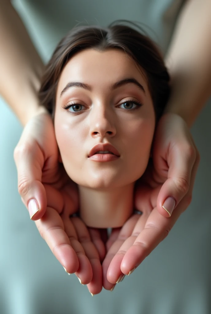 Picture of two hands holding a disembodied woman's head in their palms, look camera view. We see the head from front camera. The woman has beautiful, super heavy, super thick, super smooth, super silky, The woman's face showing fear. Her eyes are wide open...