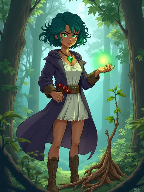 A young woman with short, curly dark turquoise hair, tan skin, a stern expression, and glowing green eyes stands in a dense forest. She wears a necklace with a glowing green prism-shaped gemstone, a simple white lace dress, a belt with red and green potion...