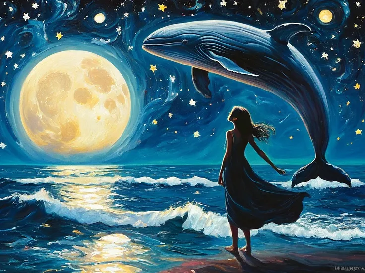 A girl by the sea and a big blue whale, night, stars, moon, in the style of Kay Nielsen